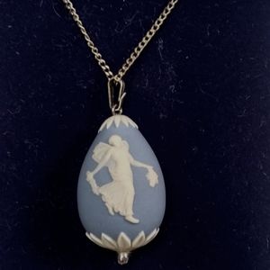 HTF Vintage Wedgwood Jasperware Blue Egg Pendant/ .925 Sterling Silver Chain